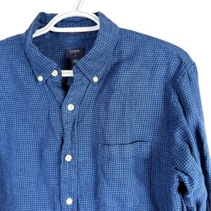 J.Crew Linen Houndstooth Button Down Shirt Mens M Blue Slim Fit Long Sleeve